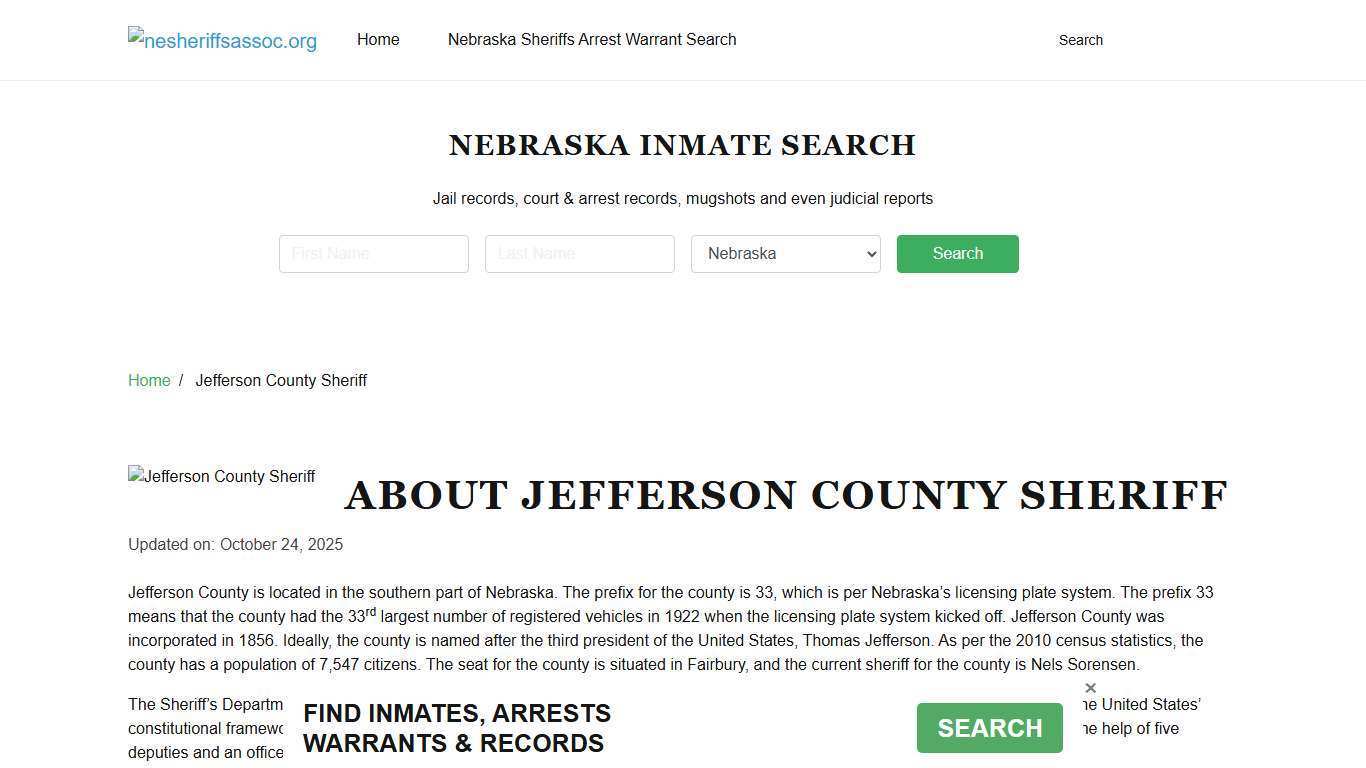Jefferson County Sheriff, Nebraska and County Jail Information